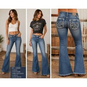 Western Blue Women's 7 Embellished Flare Jeans Cowgirl Rhinestone Cutoff Raw Hem